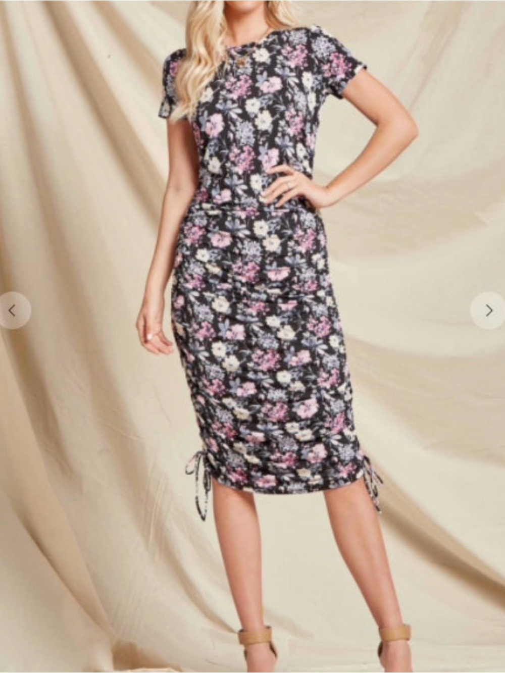 Beeson River Black Floral Ruched Midi Dress with Pink and Cream Blooms